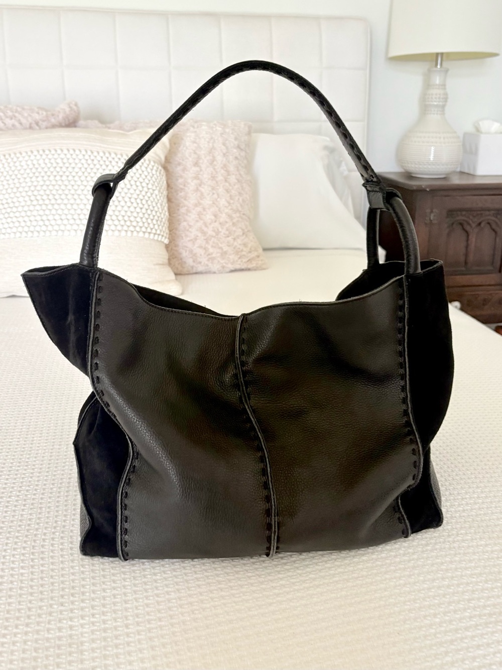 The Sak Los Feliz Black Leather & Suede Shoulder Hobo Tote Bag Boho - Picture 2 of 10